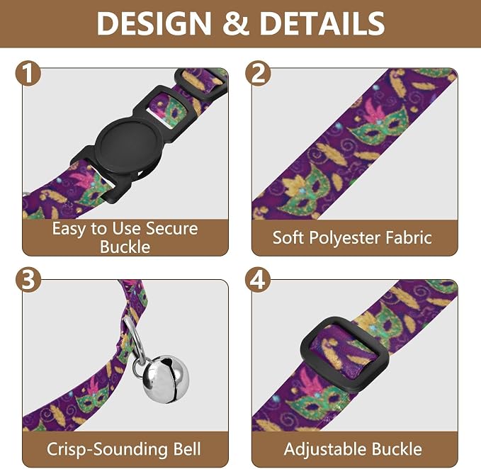 Colorful Mardi Gras Cat Collar with Bell 2 Pack Dog Collar Adjustable Length 10.6" to 17.1"