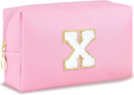 URSKYTOUS Initial Makeup Bag Personalized Preppy Travel Small Cosmetic Bag Cute PU Pink Chenille Letter Makeup Pouch for Purse Waterproof Zippered Toiletry Organizer for Women Girls Kids Friends (X)