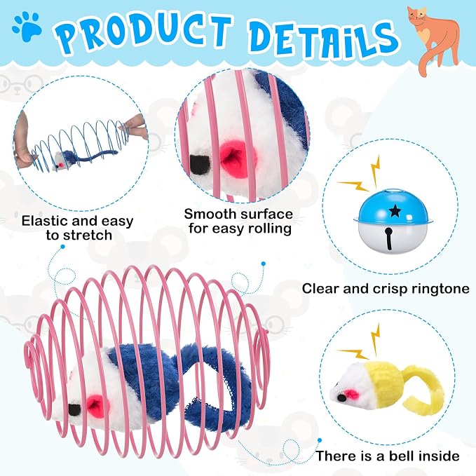 Jecery 5 Pcs Cat Toys Spring,Mouse and Bell,Mix Colors