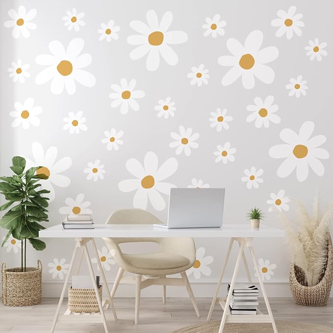 TaoBary 12 Sheet Daisy Wall Sticker Decal,White, Yellow,Cute Style | Big Flower Wall Sticker, Pink White Floral Decal, Daisy Bedroom Room Decor, Removable Peel and Stick, Nursery Home Wall Decor