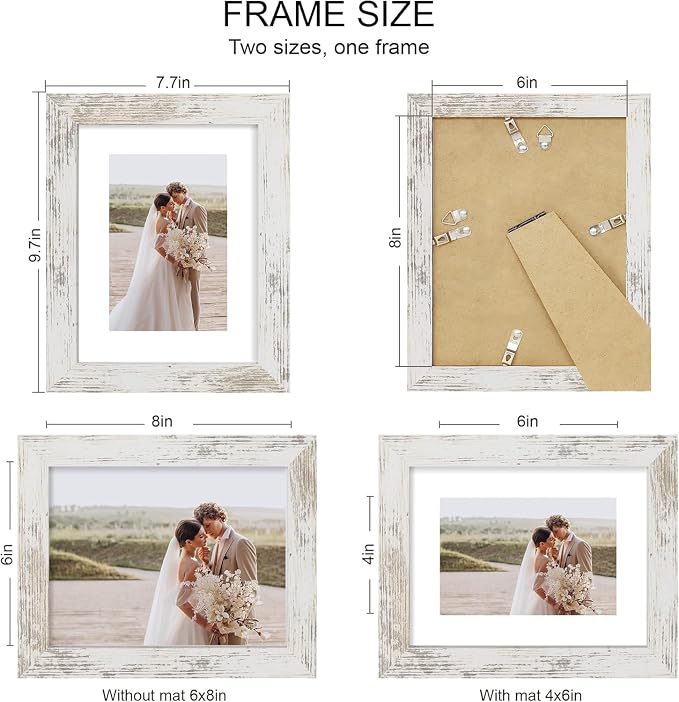 Hongkee 6x8 Picture Frame Set of 4, Made of Real Glass and Multicolour Frame - Display Picture 4x6 with Mat or 6x8 Without Mat, 6 by 8 Photo for Wall or Tabletop