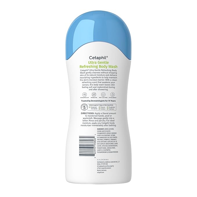 Cetaphil Ultra Gentle Refreshing Body Wash, Refreshing Scent For Dry to Normal, Sensitive Skin, 16.9 Fl Oz, with Aloe Vera, Vitamin B5, Hypoallergenic, Dermatologist Tested
