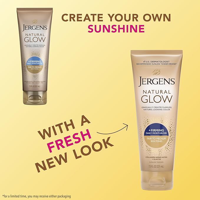 Jergens Natural Glow +Firming Self Tanner Body Lotion, Fair to Medium Skin Tone, Sunless Tanning Moisturizer with Collagen and Elastin. Helps to Visibly Reduce Cellulite, 7.5 Fl Oz (Pack of 2)