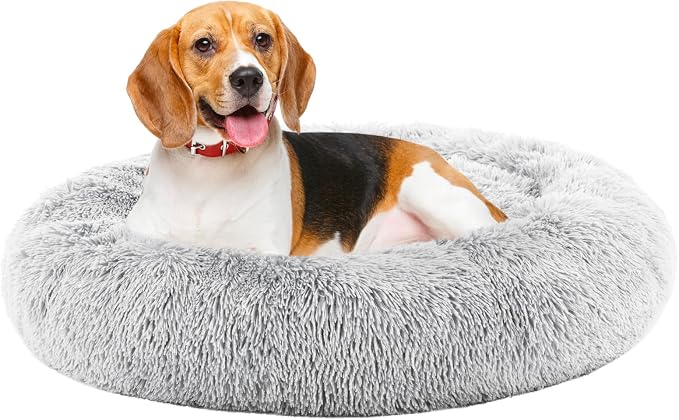 DUMOS 37.4x37.4 Inch XL Donut Dog Bed for Indoor Use, Fluffy Faux Fur Plush | Warming Cozy Round Pet Bed, Machine Washable Cuddler, Anti-Slip Bed for Dogs and Cats, Grey