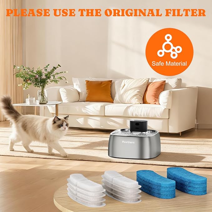 Pawtners 8 Pack Replacement Filters for STR-PT-108A Pumpless Cat Fountain | Multi-Layer Filtration, Cat/Dog Fountain Filter Complete Kit with 8 Filters & 8 Sponges