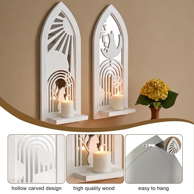 ZEXUIRU 2 Set Rustic Candle Sconces Living Room Bedroom Entryway Wood Mirrored, Farmhouse, Carved Frame Wall-Mount Wooden Candle Holders Wall Decor Hanging Handmade Holder - Distressed White
