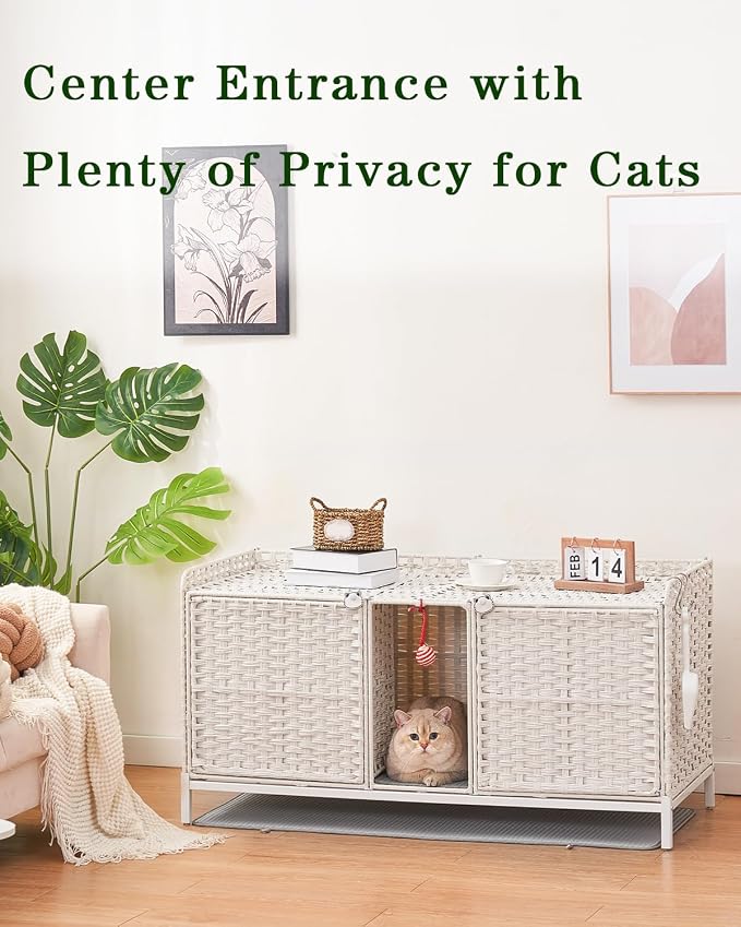 SETVSON Cat Litter Box Enclosure for 2 Cats, PE Rattan Kitty House, White | Handwoven PE Rattan with 2 Absorbent Mats, 3.2-In Heightened Metal Feet, 2 S-Hooks, 47.3 x 19.7 x 24 Inches Cabinet
