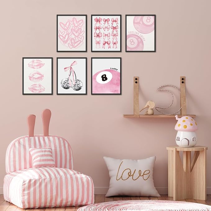 Cute Pink Girl Poster Set of 6, Light Pink Coquette Wall Art Trendy Lucky 8 Ball Wall Decor Paintings Pastel College Apartment Bedroom Living Room Dorm 12x16 inch Unframed