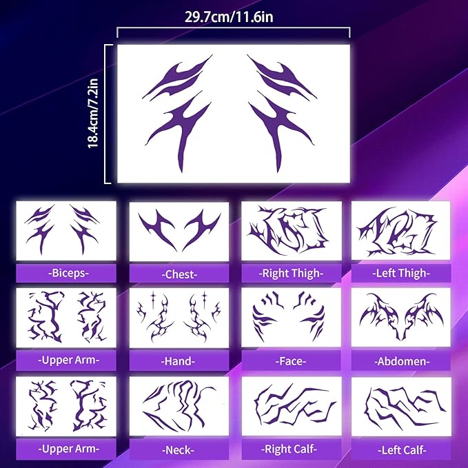 12 Sheets Cosplay Purple Temporary Tattoos，Dance Fake Tattoos Stickers for Cosplay, Halloween, Music Festival, Dance Party Makeup, Fantasy Creature Design, Fantasy Theme Costume Accessories