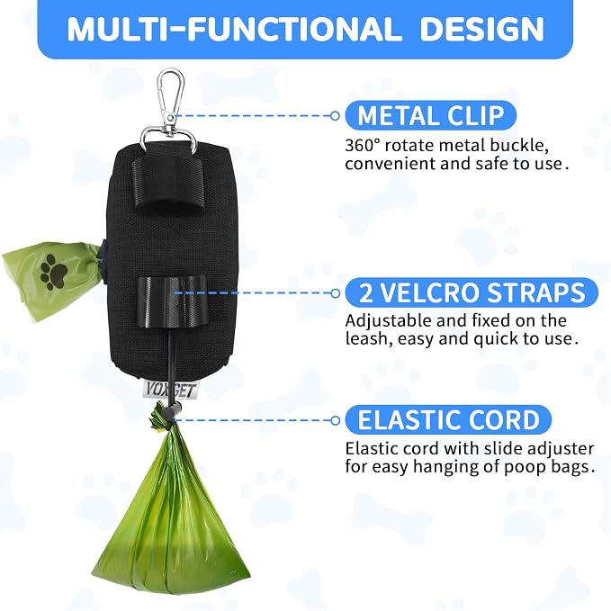 Dog Poop Bag Holder with Treat Pouch, 2 Zipper Pockets & Leash Clip
