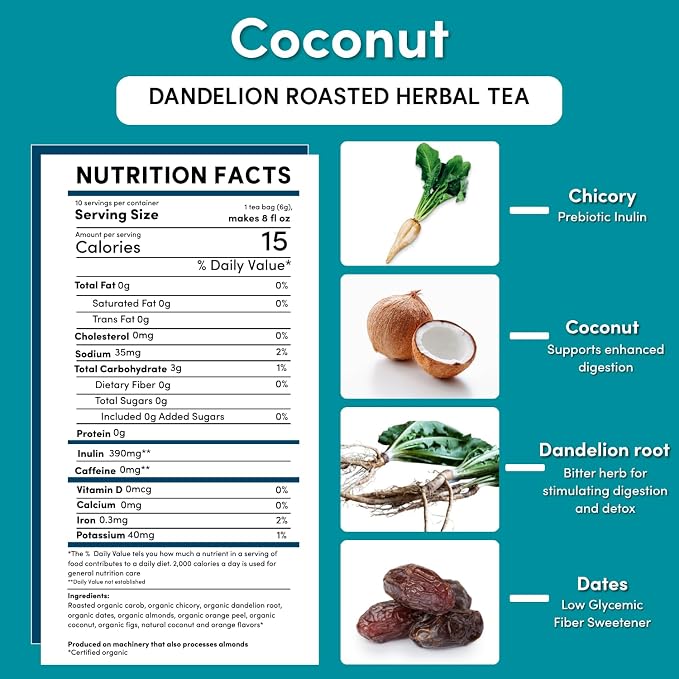 Teeccino Dandelion Coconut Tea - 10 Tea Bags - Caffeine Free, Roasted Herbal Tea with Prebiotics, 3x More Herbs than Regular Tea Bags, Gluten Free