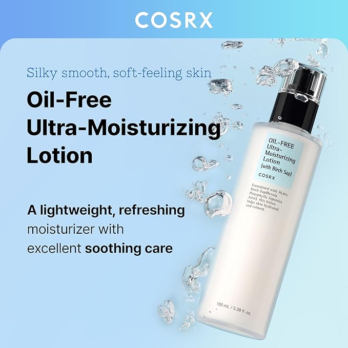 COSRX Oil Free Lotion with Birch Sap, Daily Acne Facial Moisturizer, Hydrating Moisturizer for All Skin Types, Korean Skin Care, Paraben free, 3.38 fl.oz / 100ml