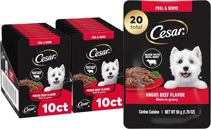 Cesar Mini-Pouch Wet Dog Food, Angus Beef Flavor, 1.76 oz, 20 Count | Real beef, protein-packed, no fillers or artificial flavors, slow-cooked tender texture, serve as meal, snack, or topper