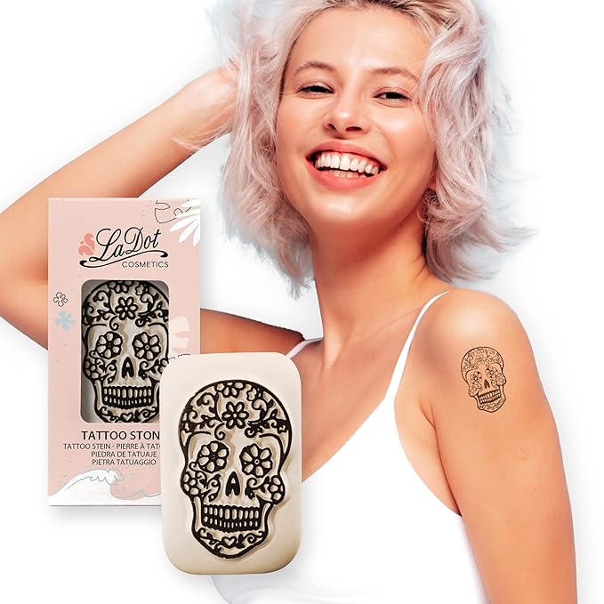 LaDot Temporary Tattoo Stamp– Easy-to-Use Reusable Ceramic Skin Stamp for Creating Custom Temporary Tattoos – Fun Body Art Tool for Parties, Events, and Festivals (Sugar Skull, Medium)