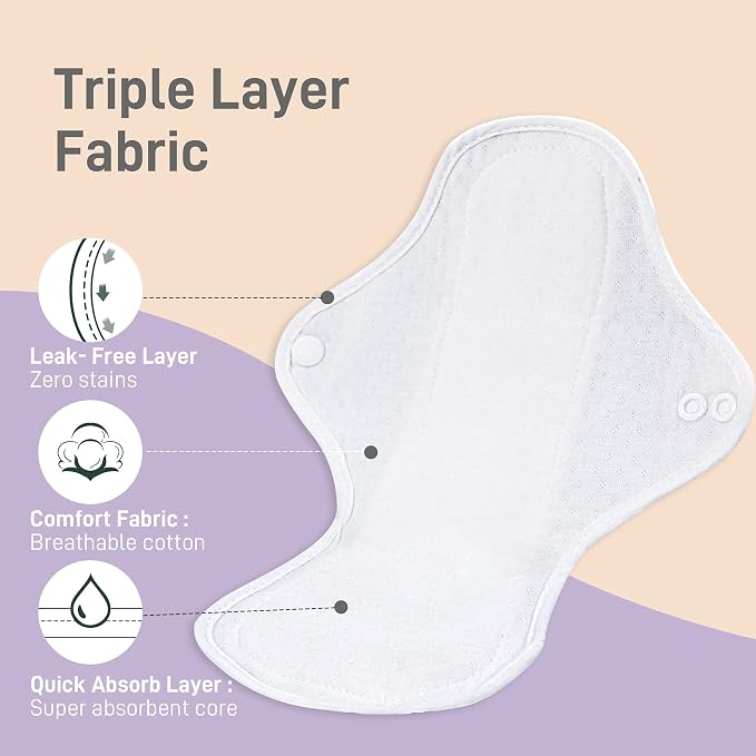 Langsprit Reusable Sanitary Pads for Women, Feminine Pads for Women Regular Absorbency Cotton Washable Cloth Menstrual Pads 6pcs Set with Mini Wet Bag Leakfree and Periods (Large)