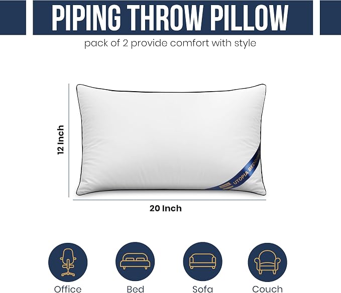 Utopia Bedding 12x20 Throw Pillow Inserts, Decorative Pillows, Pack of 4 | Piping Throw Pillows, Plush & Supportive, Aesthetic Cushion Sham Stuffer for Sofa, Office, Couch & Bed, Set of 4, White