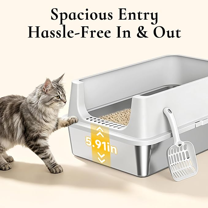 XL Open Top Stainless Steel Litter Box with High Sides, Gray | Extra Large Metal Cat Litter Pan , XL Litter Box, Non-Stick Easy Clean Anti-Leak Kitty Litter Pan, Odor Control, Open Top