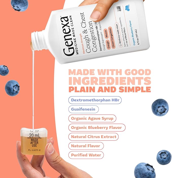 Genexa Clean Cough & Chest Congestion Relief, Dye Free, 0% Artificial Additives, Multi-Symptom Maximum Strength Relief Cough Syrup, Cough Suppressant & Expectorant, Organic Blueberry Flavor, 6 fl oz