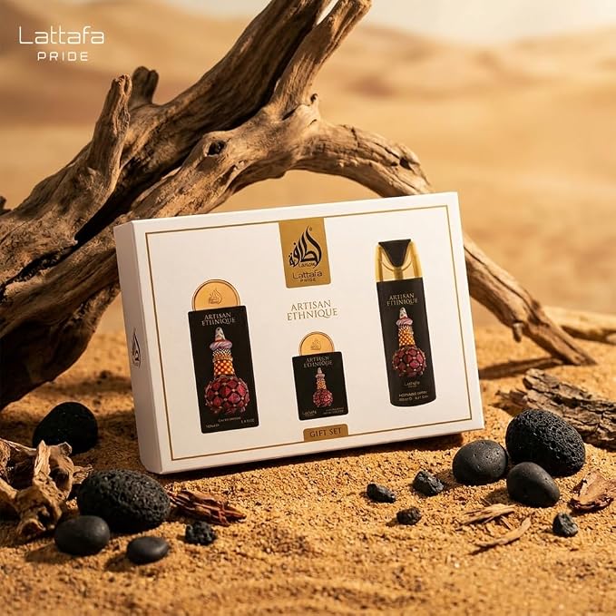 Lattafa Pride Artisan Ethnique – Spicy, Gourmand, Sweet, Ambery – 3-Piece Gift Set for Unisex (3.4 Oz Eau de Parfum Spray + 0.65 Oz Eau de Parfum Spray + 6.67 Oz Deodorant Spray)