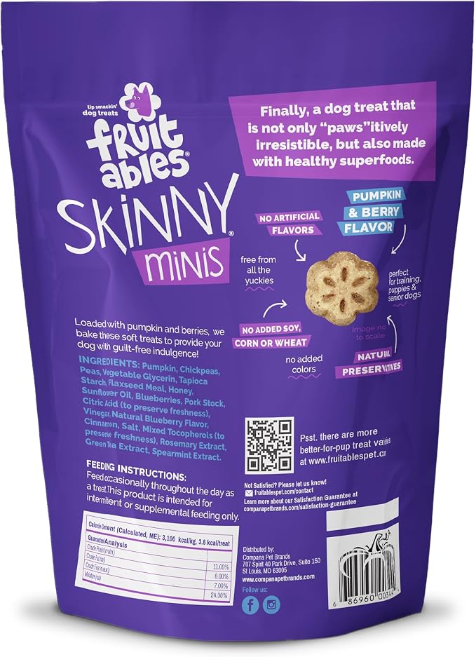 Fruitables Skinny Minis Soft & Chewy Dog Training Treats, Low Calorie Pumpkin & Berry Recipe, Bite-Sized Rewards for Puppies & Adult Dogs, No Wheat Corn or Soy, Made in USA, 20 oz