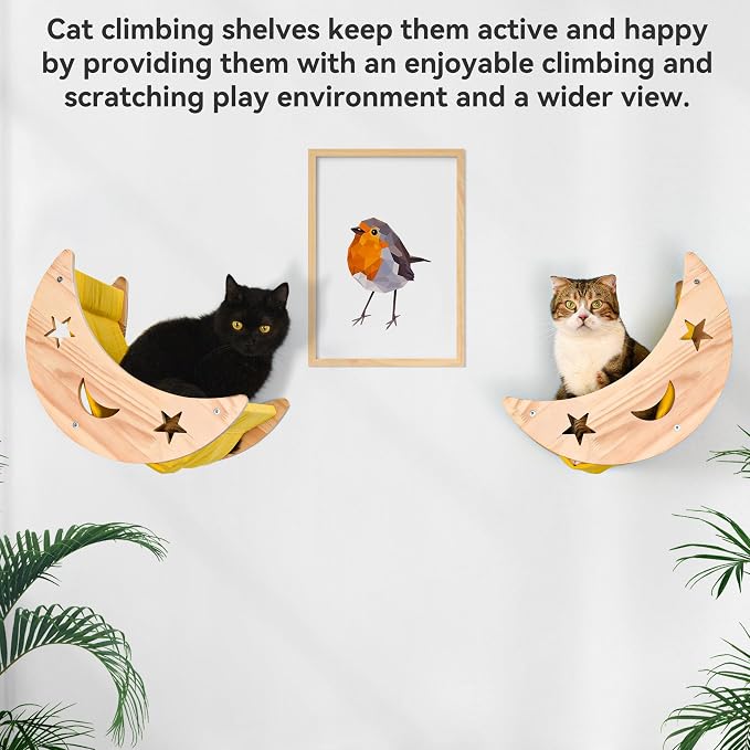 Cat Hammock Moon Bed Wall Mounted Shelf Hammock Shelves and Perches Solid Wood Furniture Platforms Beds Hanging for Cats and Kitty Easy Installation-Single Moon