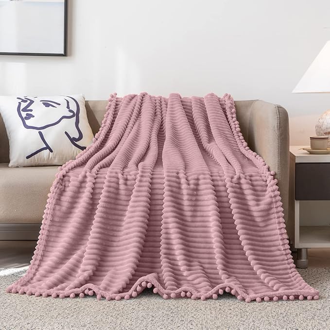 DISSA Fleece Blanket Twin Size – 60x80, Pink - Soft, Plush, Fluffy, Fuzzy, Warm, Cozy – Perfect Throw for Couch, Bed, Sofa - with Pompom Fringe - Flannel Blanket