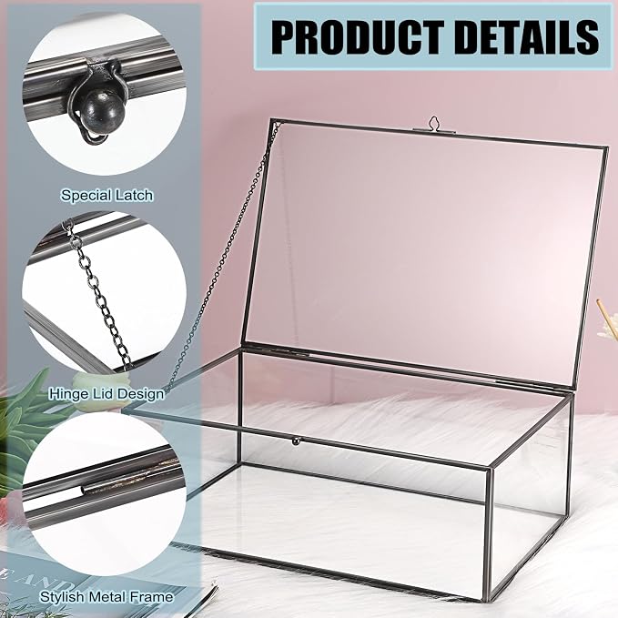 Hipiwe Vintage Glass Box with Lid Jewelry Display Case Vanity Lidded Box | Rectangle Glass Boxes Organizer Black Home Decor Accent Decorative Boxes for Keepsakes Trinket Rings,X-Large