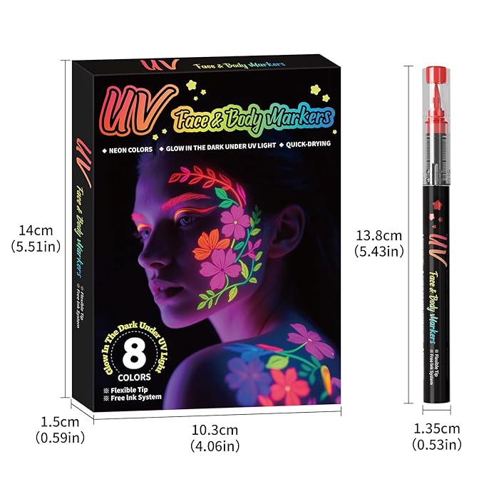 Glow in the Dark Body Paint,Halloween Makeup Kit,Neon Face Painting Markers Pen for Skin Glow Under Black Light, Washable UV Temporary Tattoo Pens for Glow Party Supplies (8 color)