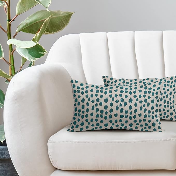 Teal Cream Pillow Covers 12x20 Set of 2 Boho Design Polka Dot Throw Pillows Modern Brush Strokes Print Decorative Outdoor Pillowcase Lumbar Cushion Cover Linen Pillow Case for Home Sofa Couch Bed
