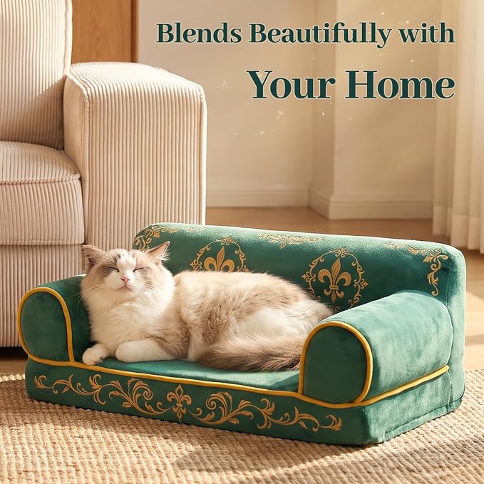 Cat Couch Bed, Supportive Dog Bed for Small Dogs, 24 Inch | Faux Suede Fabric, Pet Couch Sofa for Cats and Small Dogs, Non-Slip and Washable Removable Cover, Vintage Green
