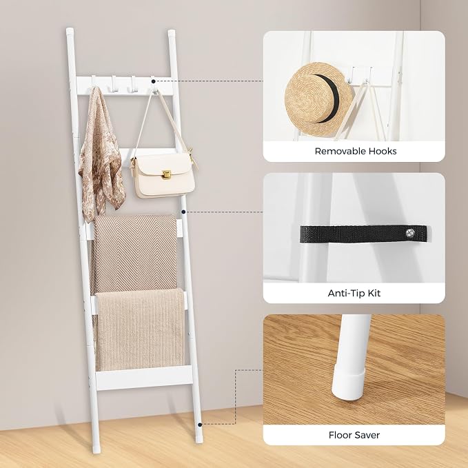 HOOBRO Blanket Ladder, 5-Tier Towel Rack with Hooks, Wall-Leaning Blanket Rack, Decorative Display Ladder Shelf, for Scarves, Industrial, Living Room, Bedroom, White WW52CJ01