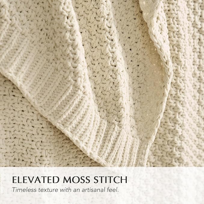 EVERGRACEHOME Chunky Chenille Knit Throw Blanket, 50 x 60, Beige | Sculpted Moss Stitch, Chic Modern Farmhouse, All-Season Warmth, OEKO-TEX® Certified, Elegant Blanket for Couch, Bed, Sofa