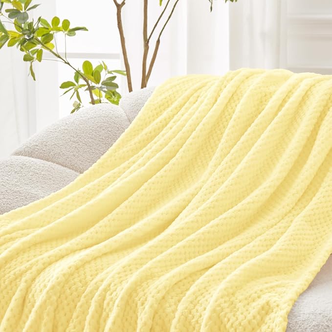 Exclusivo Mezcla Large Waffle Fleece Throw Blanket for Couch, Light Yellow | Lightweight Soft Blanket for Sofa, Bed, Living Room, Plush Fluffy Throw for Home Decor, Travel, All Season, 50x70 Inches