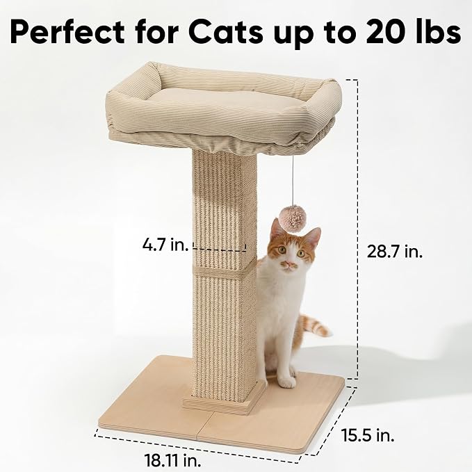 FUKUMARU Retro-Style Cat Scratching Post with Perch for Indoor Adult Cats | 28.7" Elevated Tall Cat Bed, Solid Wood Large Cat Scratcher Tower with Bed, Aesthetic Cat Tree Furniture with Natural Sisal