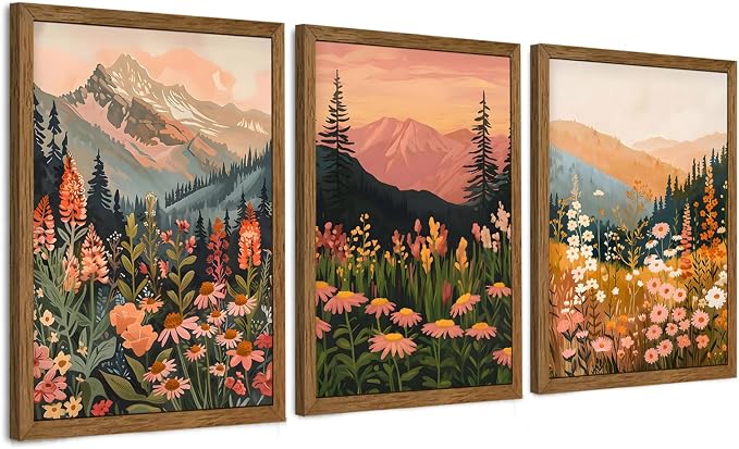 WRFON Botanical and Flower Canvas Wall Art, Framed Mountain Landscape Wall Art Set of 3, Wildflower Meadow Canvas Print, Rustic Nature Decor for Living Room Bedroom Cabin Lodge Farmhouse Decor, 12x16