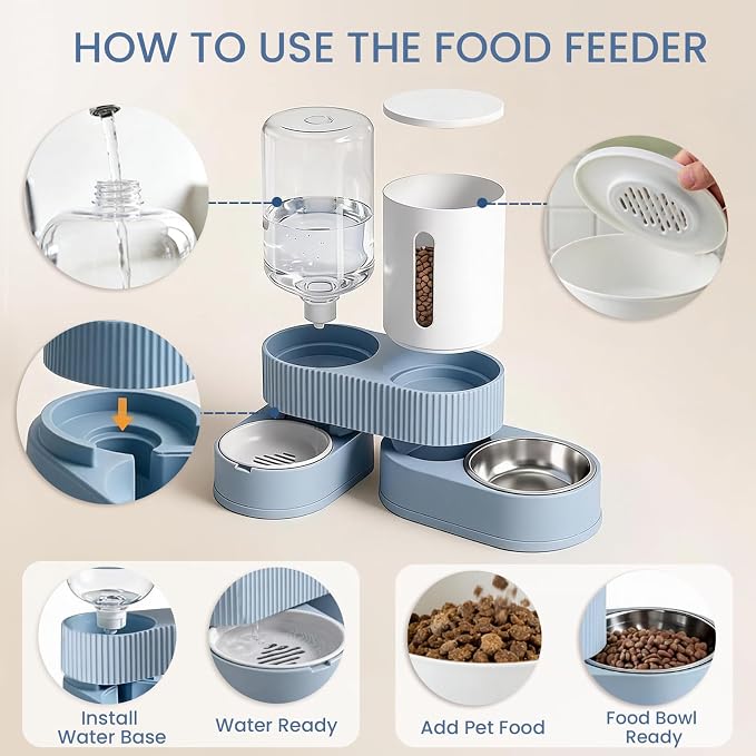 Gravity Cat Feeder and Water Dispenser 2 Pack Automatic Stainless Steel Feeder Bowls with Silicone Mat and Brush Set, Dry Food and Water Dispenser for Cats Small Medium Dogs(Blue)