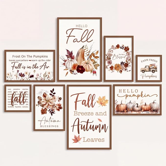 Faccito 8 Set Fall Wall Art Decor, Farmhouse, Hello Fall Pumpkin, Wooden | Fall Pumpkin Wall Decor, Harvest Wooden Framed, Rustic Watercolor Maple Leaf Wall Decor, for Home Living Room Kitchen Bedroom