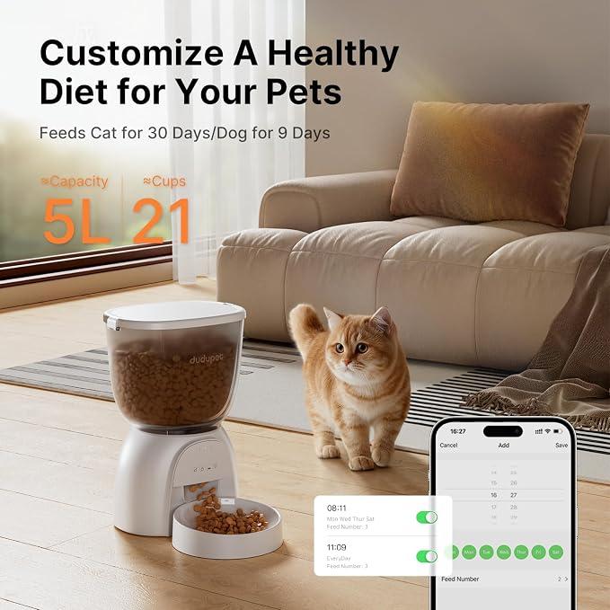 Automatic Cat Feeder with WiFi, Timed Cat Dry Food Dispenser for Cats Dog | 5G&2.4Ghz App Remote Control, 5L Capacity, Dual Power Supply, 10 Meals 1-15 Portion Programmable with Stainless Steel Bowl