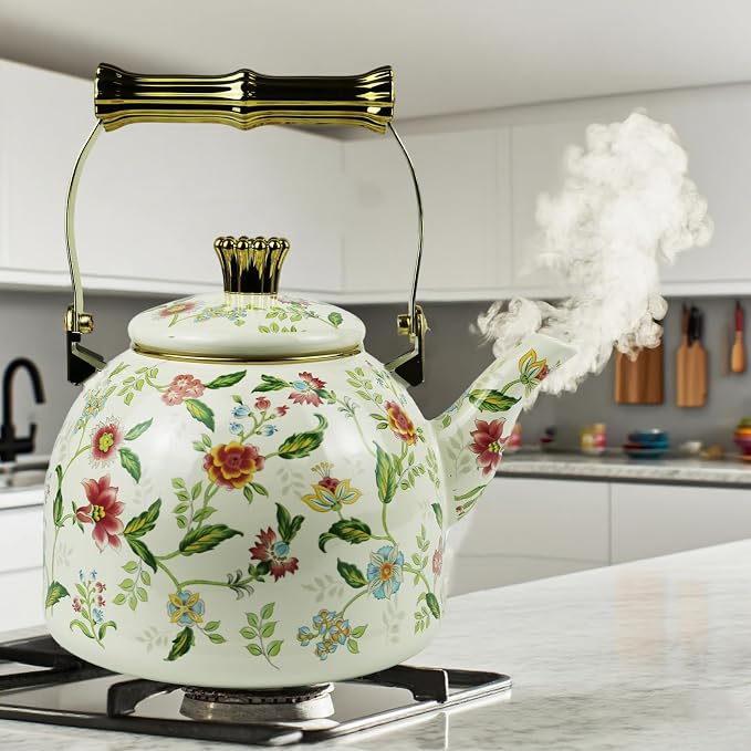 Vintage Enamel Tea Kettle Fragrant Flowers Pattern Stovetop Teapot with Gold Handle 2.5L Enamel Kettle Kitchen Decor, Ideal Gift for Housewarming Camping Coffee Pot