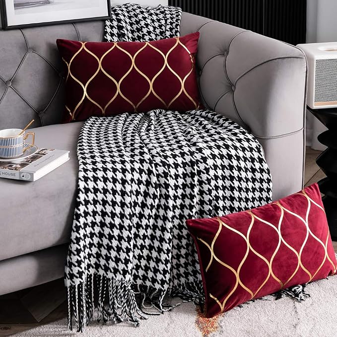 Gold Velvet Throw Pillow Covers: 2 Pack 12x20 Inch Rectangular Decorative Pillow Cases for Bedroom Sofa Couch Living Room, Christmas Burgundy Red