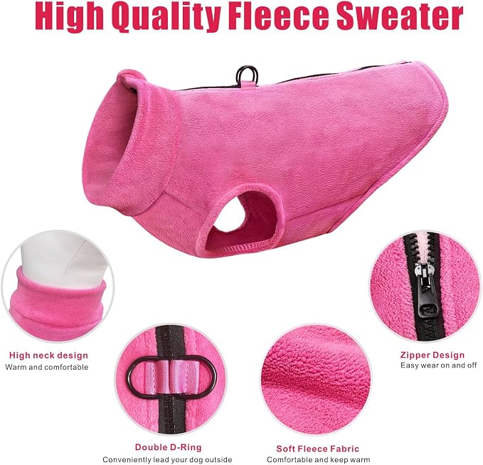 Idepet Dog Fleece Vest Sweater Zip Up Warm Pullover Dogs Jacket with D-Ring Leash Winter Cold Weater Coat Pet Sweatershirt Clothes Hoodie for Small Medium Dogs Boy Girl (Rose Red, S)