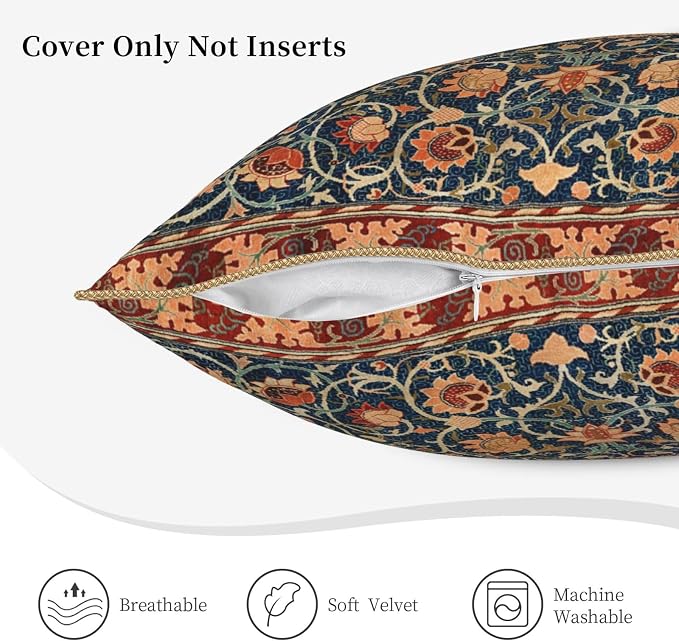 Floral Vintage Velvet Pillow Covers 20x20 In Orange Bohemian Tapestry Art Deco Throw Pillows for Couch Soft Durable Cushion Covers Pillowcase Antique Boho Flower Pillow Cases for Sofa Bed Living Room