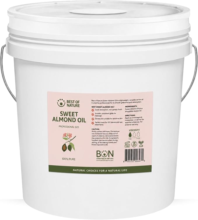 Best of Nature 100% Pure Sweet Almond Oil – Moisturizing Massage & Body Oil, Unscented for Hair, Skin, Face, Soap Making, Aromatherapy, Ideal Carrier for Essential Oils, 5 Gallon Pail (640 fl oz)