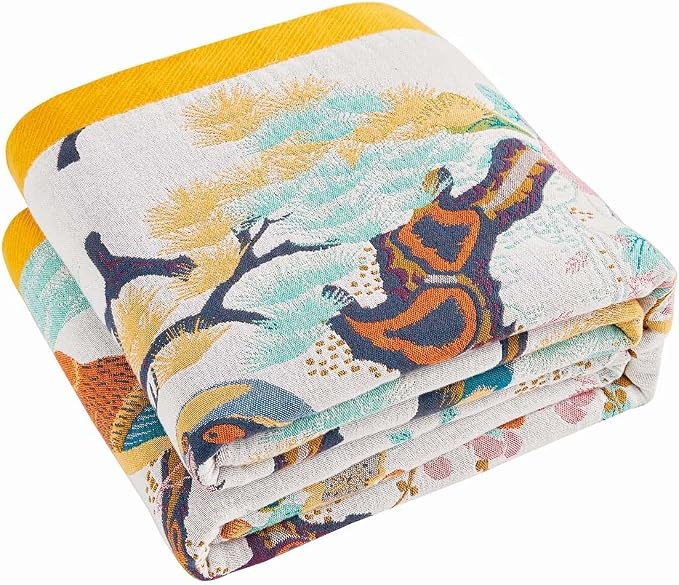 XIBLC Fall Throw Blanket for Couch, Yellow Boho Decorative Throw Blanket, 100% Cotton Muslin Breathable Woven Farmhouse Blankets Quilt, 60"x80" Reversible Lightweight Blankets Bohemian Throw Quilt