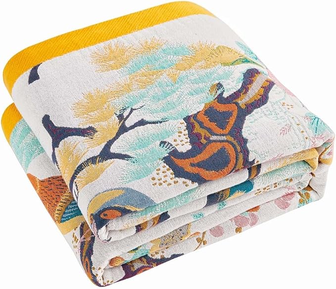 XIBLC Fall Throw Blanket for Couch, Yellow Boho Decorative Throw Blanket, 100% Cotton Muslin Breathable Woven Farmhouse Blankets Quilt, 90"x98" Reversible Lightweight Blankets Bohemian Throw Quilt