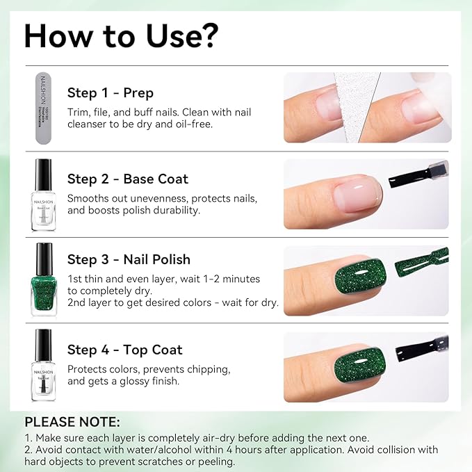 Nail Polish Glitter Green Regular Nail Polish Non-gel, Quick Air Dry, Vegan, Rich in Castor Oil, Streak-free Salon Quality Sparkle Nail Art DIY Home Travel Manicure Gift for Women Girls