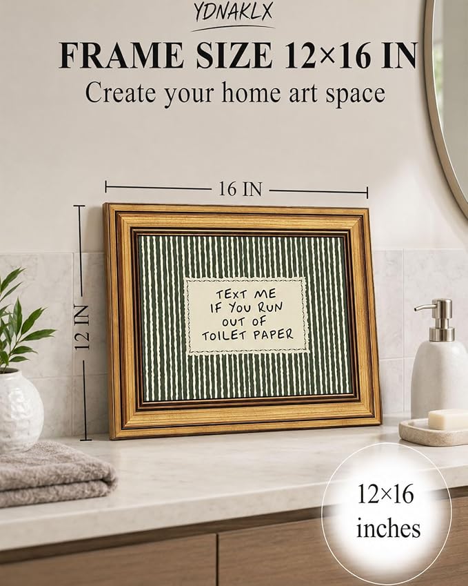 Gold Framed Wall Art, Funny Bathroom Canvas Prints, Text Me If You Run Out Of Toilet Paper Picture Wall Decor, Striped Humorous Decor for Bathroom Toilet Restroom 12x16 inch