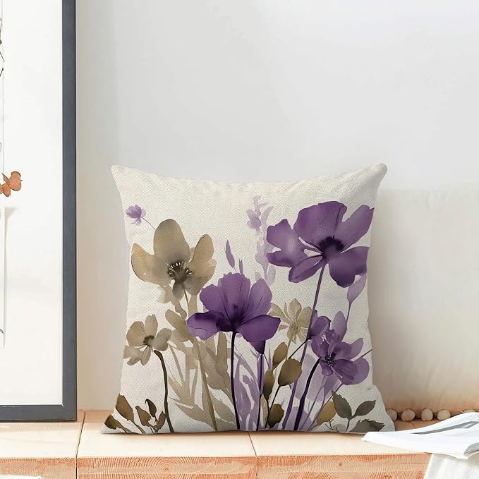 Spring Floral Pillow Covers 18x18 Inches Set of 2 Brown Purple Floral Throw Pillow Cover Outdoor Summer Flower Decoration Pillowcase Farmhouse Decorative Linen Cushion Cover for Home Couch