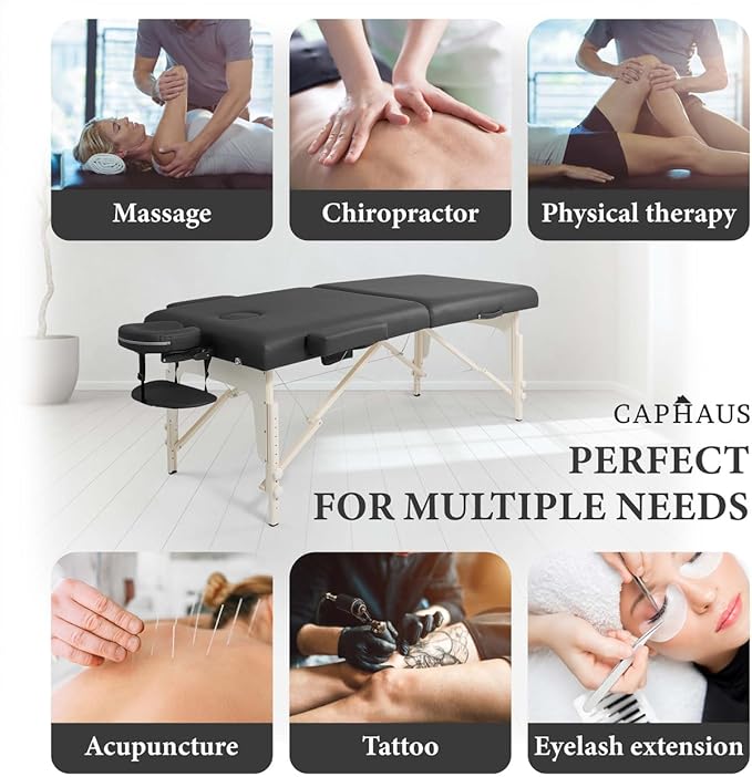 CAPHAUS Premium Memory Foam Massage Table, 84 Inch Foldable & Portable, Height Adjustable Spa Bed, Facial Cradle Salon Bed, Wooden Legs & Carry Case, 32 Inch Wide, Black