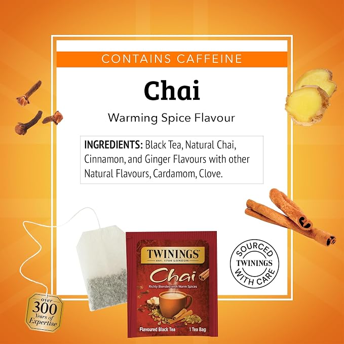 Twinings Chai Black Tea Individually Wrapped Bags, 25 Count (Pack of 6), Sweet, Savoury Spices, Caffeinated, Enjoy Hot or Iced, 150 Teabags